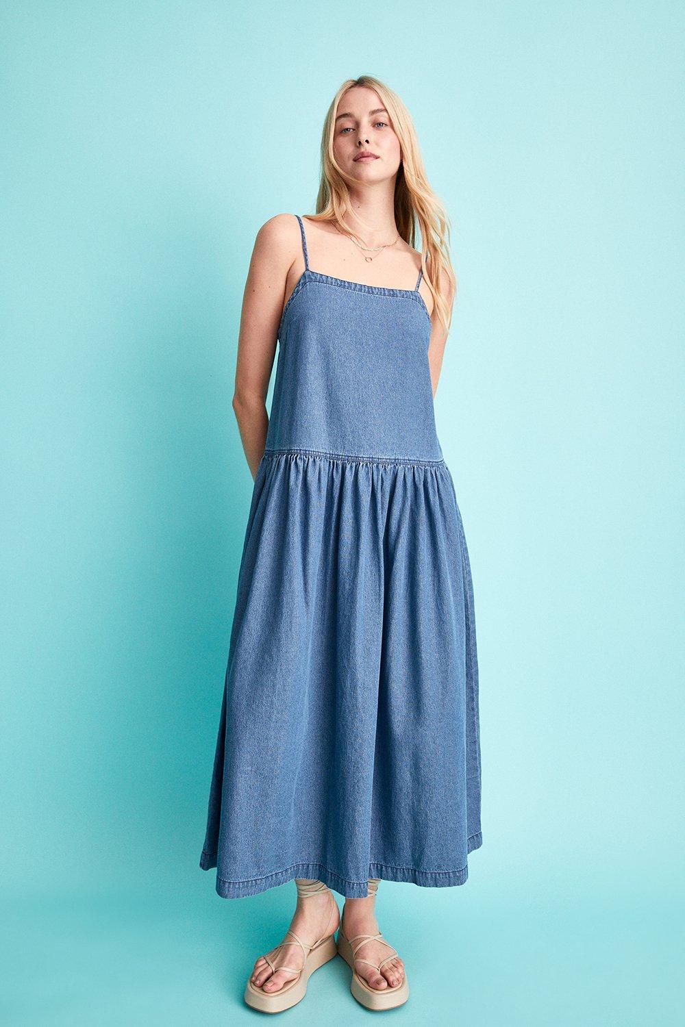 Dresses Petite Denim Dropped Waist Cami Midi Dress Warehouse